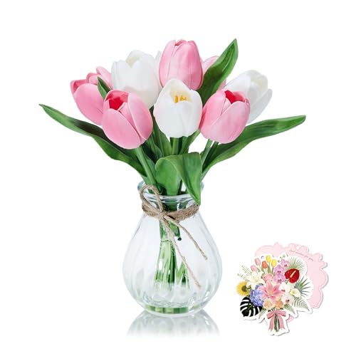 12in Artificial Pink Tulips in Glass Vase with Faux Water for Home Decor | Zero-Maintenance PU Tulip Floral Arrangement for Home Living Room Office Desk Decor & Wedding Party,Perfect Housewarming Gift - color: Pink and White Tulip With Glass Vase