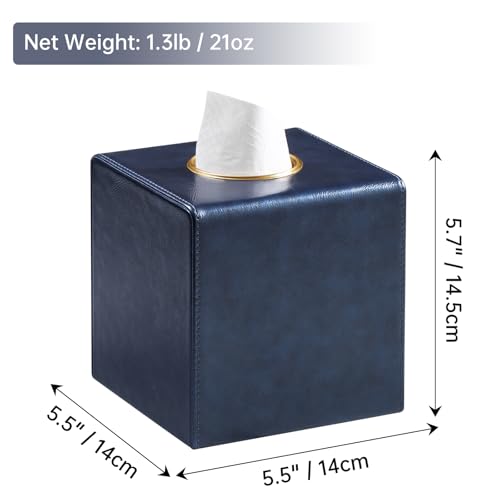 Square Tissue Box Cover with Magnetic Closure, Navy Blue | Luxury PU Leather Tissue Holder with Gold Tone Metal Opening, Fits All Standard Cube Tissue Boxes - color: Navy Blue