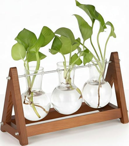 Plant Terrarium with Wooden Stand, 3 Bulb Glass Vase Metal Holder, Retro Hydroponics Planter for Home/Garden/Office Decor, for Women & Mom (1, Natural Wood, 3-Bulb)