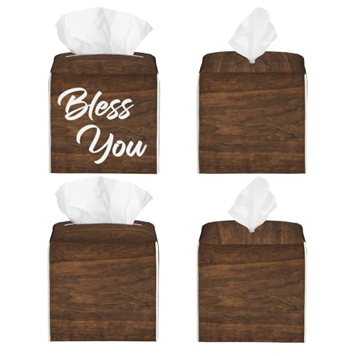 Bless You Tissue Box Cover Square,Wooden Board Texture Tissue Box Holder Waterproof Leather Facial Paper Organizer Dispenser for Bathroom Home Car Nightstand Vanity Desk - color: Color-22