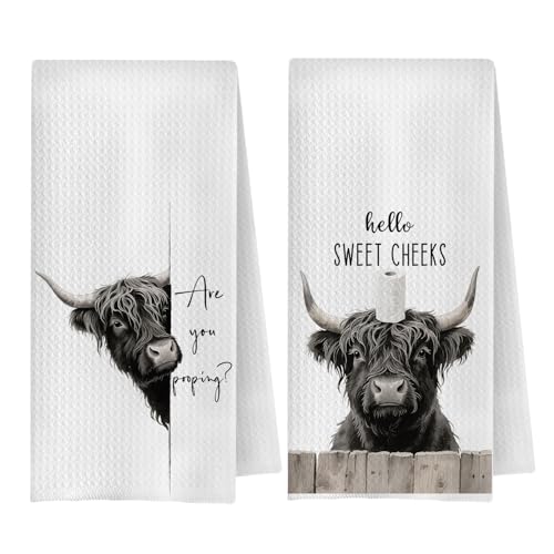 Funny Farmhouse Highland Cow Bathroom Hand Towels, Hello Sweet Cheeks Bathroom Decor, are You Pooping Funny Heifer Decorative Hand Towels for Bath Room Washroom, 16x24 Inch Set of 2 - color: Highland Cow-03