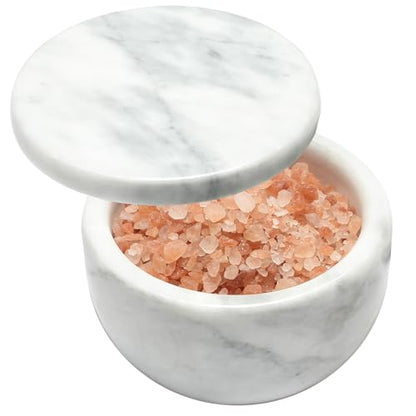 jalz jalz White Marble Salt Cellar with Lid, Large 10oz Spice Keeper Pot with spoon - color: White Cover White Base
