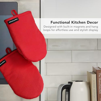 KITCHENAID Gourmet Series Gridlines Mini Oven Mitts 2-Pack Set, Heat Resistant up to 600°F, Soft Silicone Grip, Magnetic Cuff, Passion Red, 5.5"x9" - color: Passion Red