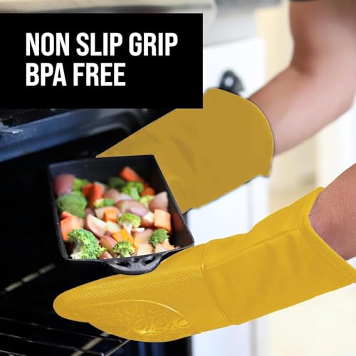 BPA-Free Soft Silicone Oven Mitts - Ultra Heat Resistant Oven Mitts with Thick Cotton Liner - Long Slip Resistant Pot Holders, Flexible Oven Gloves - Yellow 13.7" - color: Yellow, size: 2-Piece 13.7" Oven Mitts