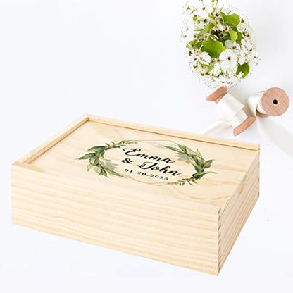 Koyal Wholesale Custom Geometric Greenery Leaves Wedding Keepsake Box, 4 x 6 -inch, Custom Name, Date, Natural Wood, - color: Geometric Greenery Leaves