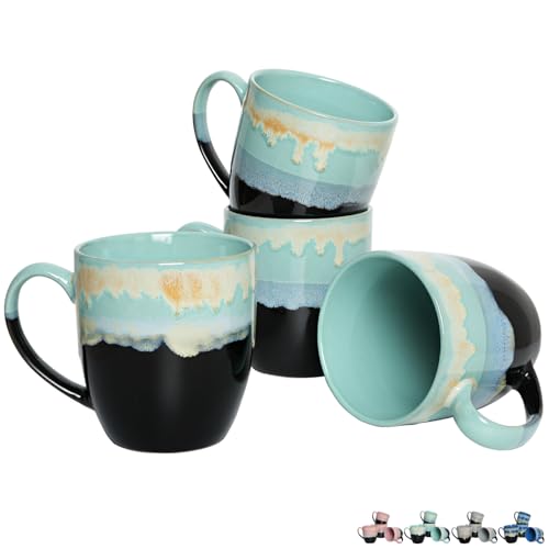 Bosmarlin Ceramic Coffee Mug Set of 4, 17 Oz, Coffee Cups with Big Handle, Microwave Safe, Unique Reactive Glaze(17 Oz, Pastel Blue) - color: Mint Drip