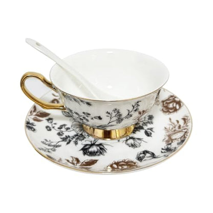 Bone China Tea Cup and Saucer Set with Spoon，Elegant Floral Tea Cup Set (7 oz)，British Coffee Latte Mug for Birthday Party Christmas gift for Friends - color: flower-B05