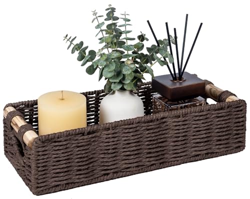 CubesLand Back of Toilet Storage Basket for Organizing W/Cut Out Handle | Handwoven Toilet Tank Top Paper Baskets, Wicker Decorative Basket for Countertop, Home Decor, Living Room, Nursery, Brown - color: Brown, size: M-14.17" (L) X 6.29" (W) X 3.54" (H)