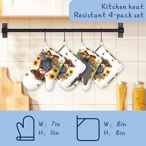 Oven Mitts and Pot Holders Sets,Cute Highland Cow Thick Cotton Kitchen Oven Mitt Set,Rustic Sunflowers Butterfly Waterproof Anti-Slip Silicone Mittens for Baking,Cute Cooking Utensils Set - color: Cute Highland Cow