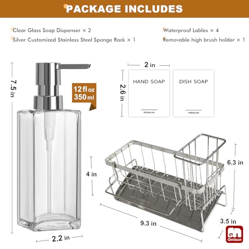 GMISUN Kitchen Soap Dispenser, 12 Fl oz/350ml Clear Dish Soap Dispenser with Silver Sponge Holder, Customized Glass Dish Soap Dispensers for Kitchen, Modern Hand and Dish Soap Dispensers Set Removable - color: Clear Bottle + Silver Rack