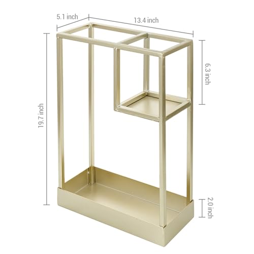 MyGift Modern Brass Tone Metal Entryway Umbrella Rack with Geometric Design, 13 x 5-inch Wide Rectangular Freestanding Cane Umbrella Holder with Shelf for Small Umbrellas and Bottom Drip Catch Tray - color: Brass, size: 13.4″(Rectangle)