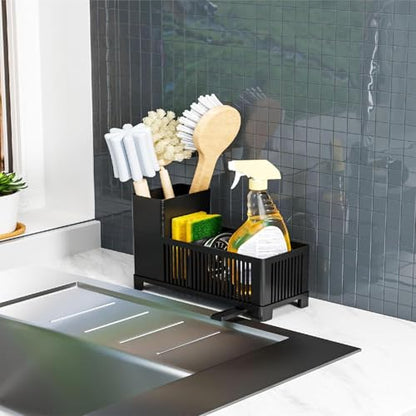 Sink Caddy & Kitchen Sink Organizer,Black Sponge Holder with High Scrub Brush Holder,Plastic Kitchen Countertop Organizer,Multifunctional Sponge Drain Rack,Dish Soap,Dish Sponge Holder,Soap Dispenser - color: Black