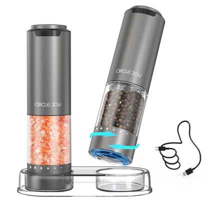 CIRCLE JOY Rechargeable Electric Salt and Pepper Grinder Set with Base, Aluminum Alloy Pepper Mills with 95ml Container, White LED Light and External Adjustable Coarseness, Space Grey - color: Rechargeable Aluminum Set with Base