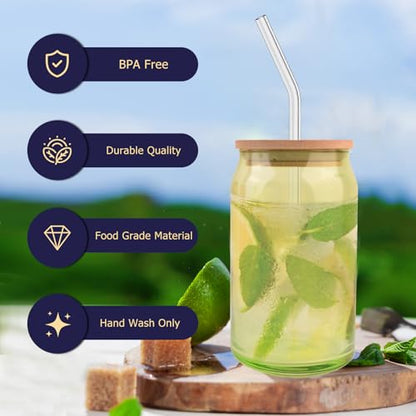 Lily's Home 16oz Glass Tumbler Set with Bamboo Lids and Straws, 4 Pack Multi-Color Glass Cups Drinking Glasses for Smoothies, Iced Tea, Beverages and Iced Coffee Cup with Lids and Straw, Drinking Jars