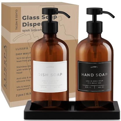 Glass Soap Dispenser Set of 2 (Amber) with Silicone Tray | Hand and Dish Soap Dispenser for Kitchen and Bathroom | 16.8 Oz Glass Bottles with Stainless Steel Pump & 15 Waterproof Labels (Amber/Black) - color: Amber/Black