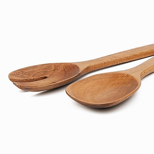 Acacia Wood Salad Servers, 10-inch Wooden Utensils for Cooking and Kitchen - Set of 2