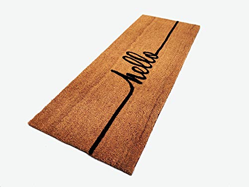 Cursive Hello Coco Coir Doormat, 18" x 47", Heavy-Duty Indoor Outdoor Entrance Mat with Non-Slip Backing - size: 1'6" x 3'11" (Rectangular)