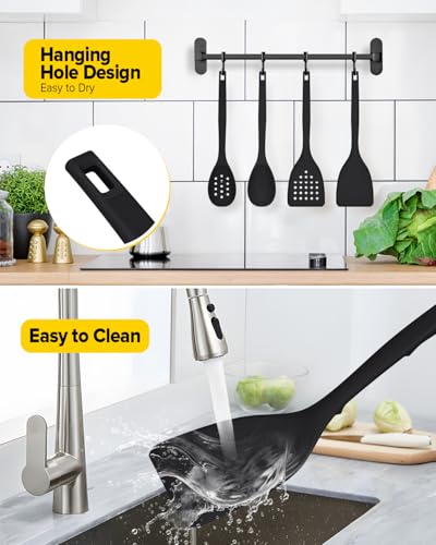 Pack of 4 Silicone Cooking Utensils Set, Non Stick Solid Spatulas and Heat Resistant Slotted Spoons with Back Hooks, Ideal BPA Free Kitchen Utensils Set for Frying,Serving,Turning,Stirring (BLACK) - color: Black