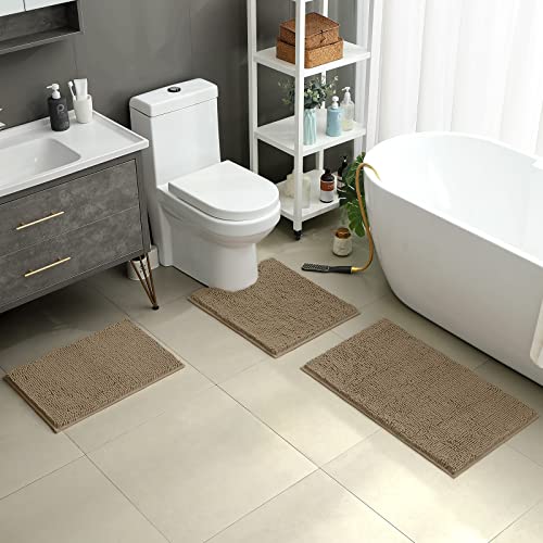 HOMEIDEAS 3 Pieces Bathroom Rugs, Ultra Soft Non Slip Absorbent Chenille Toilet Bath Mat Set (Taupe) - color: Brown-taupe, size: 17"x24"+20"x32"+U Shape 20"x24"