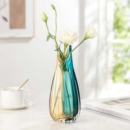 Hand Blown Glass Vase, Medium Wide Mouth Flower Vase Unique Modern Turquoise Glass Art Decor, Nonbreakable Vases for Table Centerpieces Living Room Decorative Amber and Teal Vase - size: Tall