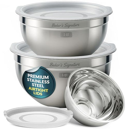 Stainless Steel Mixing Bowls with Lids Set of 3, Nesting Metal, 1.5/3/5 Qt | Mirror-finish interior, dishwasher safe & BPA-free; stack for food prep, baking, storage & serving - size: Set of 3