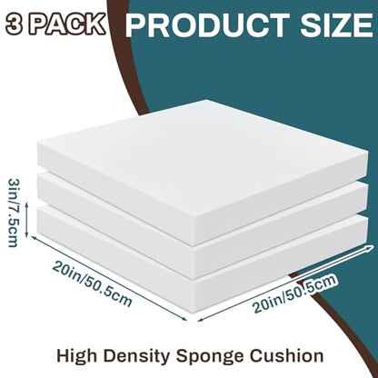 Frienda 3 Pack 3" x 20" x 20" Upholstery High Density Foam Cushion | 2.2 Density 50ild Replacement Square Cut to Size Foam Padding, Seat Couch for Patio Furniture Commercial Dinning Benches - size: 3 x 20 x 20 Inch