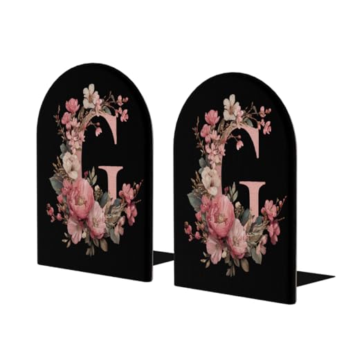 Wood Book Ends for Shelves Boho Flower Letter G Bookends for Heavy Books CDs Organizer Decorative Wooden Book Stopper Holders for Home Office Desk,6.7x4.2x4in Set of 2 - color: Floral G, size: 6.7x4.2x4inx2PCS
