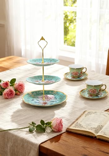 3-Tier 13.5 Inches Green Cupcake Dessert Stands, Cake Snack Scones Crackers Fruit Appetizers Pastry Tiered Platters Serving Tray for Tea Party, Bridal Shower, Wedding Catered Event - Flowers