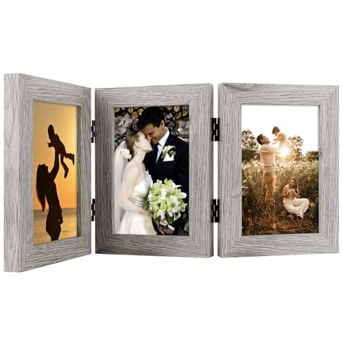 Golden State Art, 4x6 Triple Picture Frame Light Grey- Real Glass, 1 Pack | Trifold Photo Frame Vertical Display for Desktop - Three Folding Picture Collage - color: Light Gray, size: 4x6(1 Pack)
