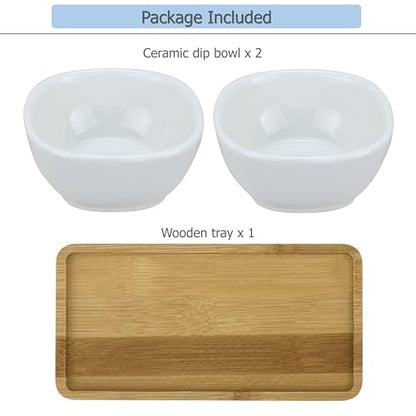 EIKS Ceramic Dip Bowls Side Dishes with Wooden Tray | For Serving Appetizer, Nuts Candy Snack, Sauce Seasoning