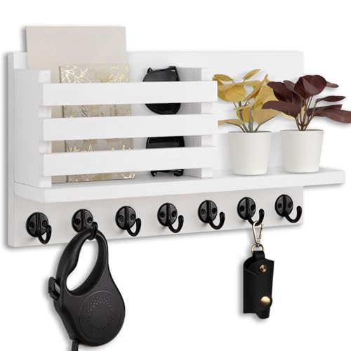 Lwenki Key Holder for Wall – Decorative Wooden Mail Holder and Key Shelf with Mounting Hardware, Installation Guide – Paulownia Wood with Metal Key Hooks (White, Extra Large - 15.6inch) - color: White, size: Extra Large - 15.6inch