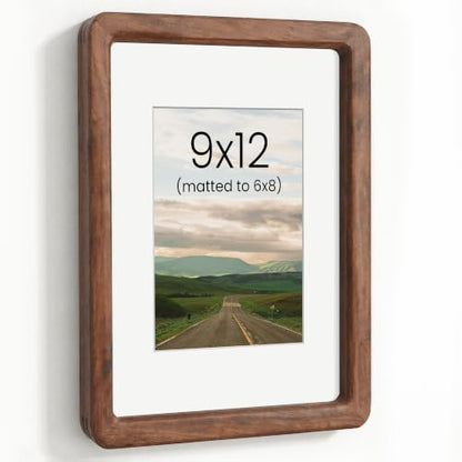 Acovy 9x12in Picture Frame, Natural Solid Walnut | Handcrafted Wooden Photo Frame, Dual Use for Wall Mount, Matted to Fit 6"x8" Photos, HD Tempered Glass - color: Walnut, size: 9x12in