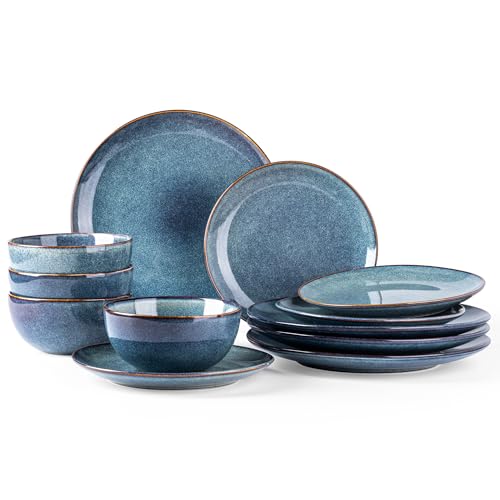 AmorArc Ceramic Dinnerware Sets for 4, 12 Pieces Handpainted Plates and Bowls Set, Scratch Resistant Stoneware Dishes Set, Dishwasher & Microwave Safe, Ceylon Blue - color: Ceylon Blue, size: Service for 4