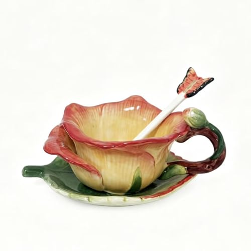 Ceramic Tea Cup and Saucer Set ，6OZ 3D Hand-Painted Flower and Lotus Leaf Coffee Mug，Gift for Women- Yellow Rose - color: Yellow Rose