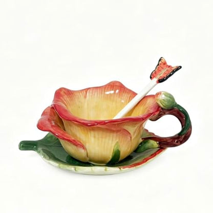 Ceramic Tea Cup and Saucer Set ，6OZ 3D Hand-Painted Flower and Lotus Leaf Coffee Mug，Gift for Women- Yellow Rose - color: Yellow Rose