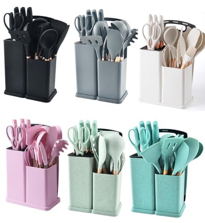 19 Pieces Kitchen Utensils and Knife Set with Block, Inldued 9 Pieces Silicone Cooking Utensils Set 5 Pieces Sharp Stainless Steel Chef Knives Scissors Whisk Tongs and Cutting Board (BEIGE) - color: Beige