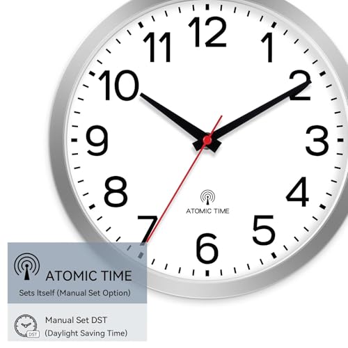 AKCISOT 12 Inch Wall Clock, Silent Battery Operated Analog Clock, Silver | Atomic | Office | Kitchen | Living Room | Classroom | Easy-to-read Numbers - color: Atomic_silver White, size: 12 Inch