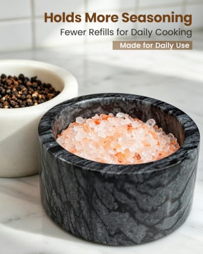 Salt and Pepper Containers, Marble Salt Cellar Set of 2 with Wood Lids and Spoons, Black and White Salt Keeper Bowls for Kitchen Counter, Sugar, Spices and Dry Seasonings - color: White+Black