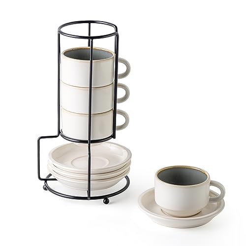 JIEMEI HOME Porcelain Stackable Espresso Cups with Saucers and Metal Stand, 4 Ounce Demitasse Cups for Specialty Coffee Drinks, Cafe Mocha Tea-Set of 4, Stackable Espresso Mugs, White & Green - color: White & Reed Green
