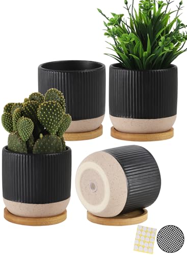 4" Black Ceramic Plant Pots with Drainage Holes & Trays Set of 4 | Vertical Stripes Succulent Pot with Saucer, Small Flower Planter Sets for Indoor Plants, Cactus & Herbs - color: Vertical Stripes - Black