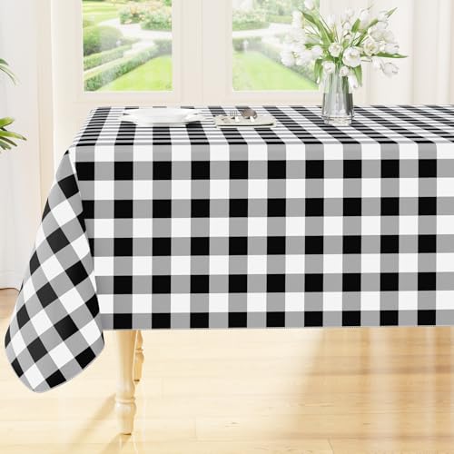 Smiry Square Table Cloth, Waterproof Vinyl Tablecloth with Flannel Backing, Wipeable Buffalo Plaid Table Cover for Picnic, Indoor and Outdoor (Black & White, 54"x54") - color: Black & White, size: 54" x 54" (Square)