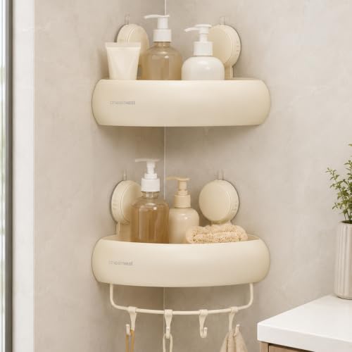 Corner Shower Caddy Suction Cup, Removable Shower Organizer Shelf | 2 Pack, Rustproof Aluminum, Includes Hooks&Hanging Bar, 2 Installation Ways, Wall-Mounted Bathroom Organizer Storage Shelves - color: Milky White