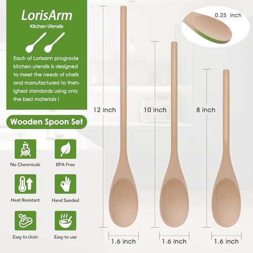 LorisArm 3PC Wooden Spoon for Cooking, Long handle 12" 10" 8" Wood Serving Spoons Set for Mixing Stirring Tasting, Maple Wood Nonstick Kitchen Utensils.