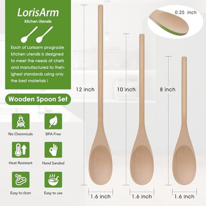 LorisArm 3PC Wooden Spoon for Cooking, Long handle 12" 10" 8" Wood Serving Spoons Set for Mixing Stirring Tasting, Maple Wood Nonstick Kitchen Utensils.