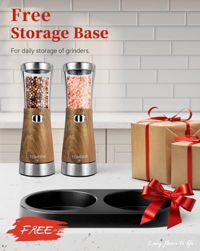 Electric Salt and Pepper Grinder Set with Storage Base, Stainless Steel Rechargeable Salt and Pepper Grinder Set with 4.5 oz Large Capacity, 1.8" Wide Mouth, Adjustable Coarseness, Ideal for Kitchen - color: Dark Wood Grain