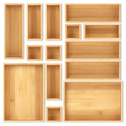 MapleGrace Bamboo Drawer Organizer Set, 14 PCS Wood Storage Organizers | Multi-Use Junk Drawer Divider, Storage Trays Containers for Kitchen, Bathroom, Office Desk, Makeup, Jewelry, Utensils - size: 14