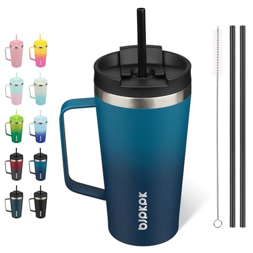 BJPKPK 18oz Insulated Tumbler with Handle, Lid & Straw, Stainless Steel | Double Wall Vacuum Insulated Coffee Travel Mug - Keeps Cold & Hot, BPA Free, Cupholder Fit for Office, Gym & Travel - color: Sea, size: 18 Ounces