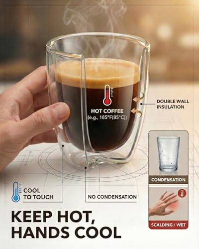 5oz Double Walled Espresso Cups, Set of 4 - Insulated Glass Coffee Mugs for Lungo, Double Espresso & Cappuccino - Clear Borosilicate Glassware Compatible with Nespresso & De'Longhi Machine