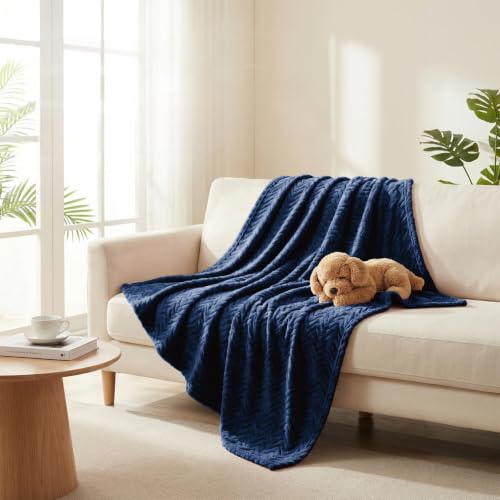 Exclusivo Mezcla Soft Fleece Blanket King Size, Cozy Lightweight Blankets with Decorative Wave Textured Suitable for All Season Use, Navy Blue, 90x104 Inches | 90"x104" Breathable Lightweight Flannel Blanket for Summer, Plush Cozy Jacquard Wave for Home D