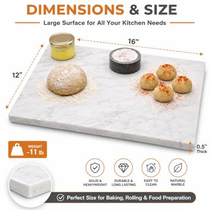 Marble Cheese & Pastry Cutting Board, 16 x 12 Inch, White | Natural Carrara Marble, Serving Tray, For Dough, Bread, Pizza, Charcuterie, Heavy, Non-Slip - color: White, size: 16"L x 12"W